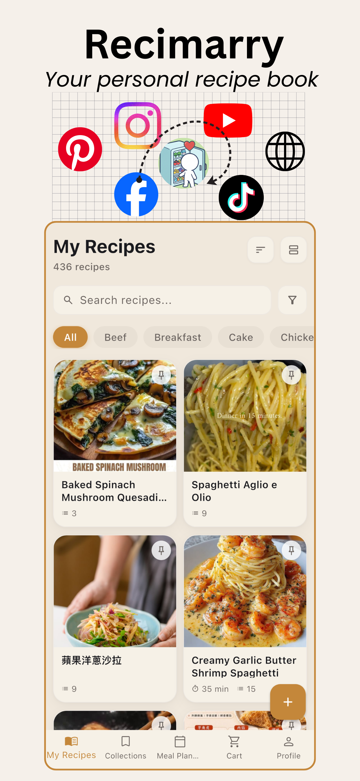 Save recipes from anywhere — URLs, YouTube, Instagram, or a photo