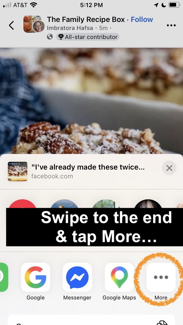 iOS share sheet — swipe the app row to the end and tap More