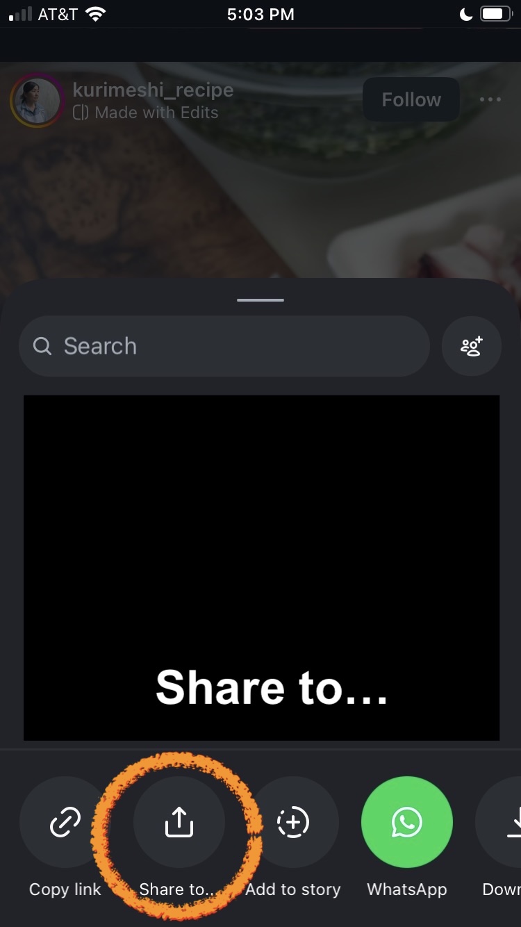 Instagram share sheet with the 'Share to…' button circled