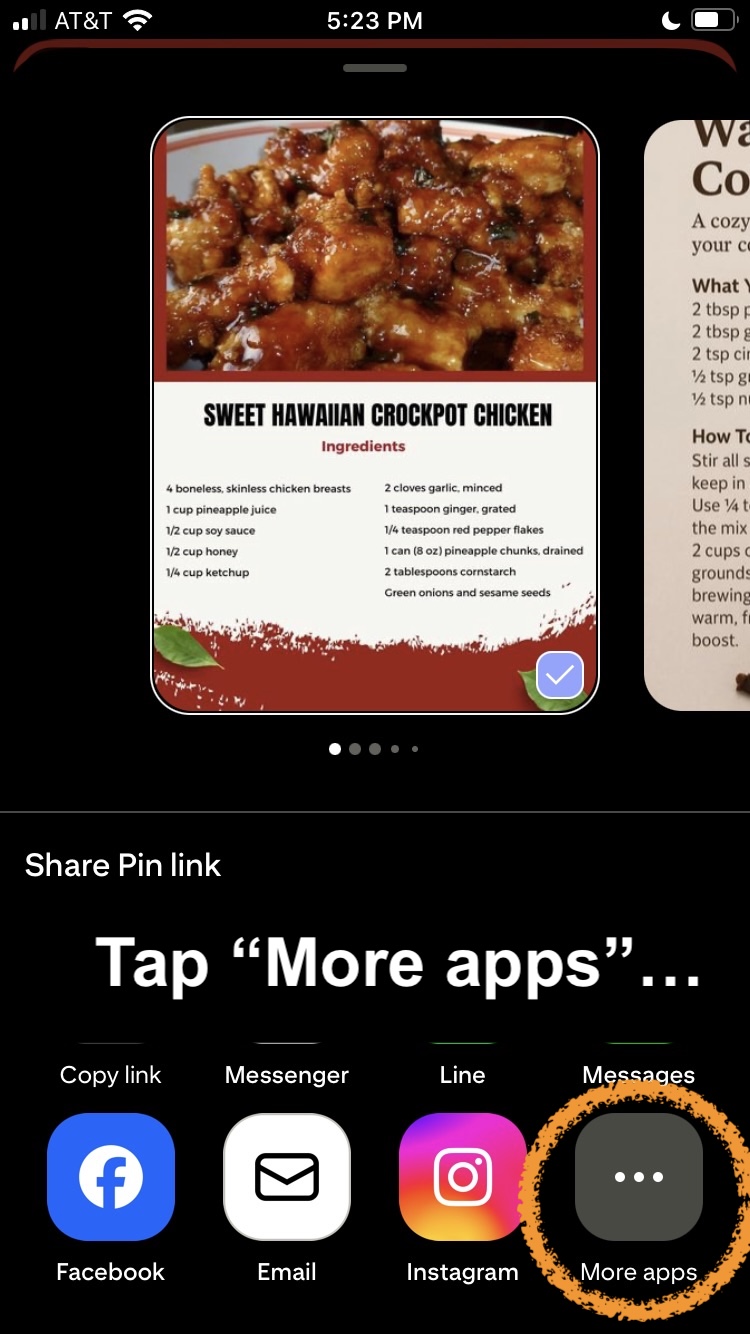Pinterest 'Share Pin link' sheet with the More apps button circled