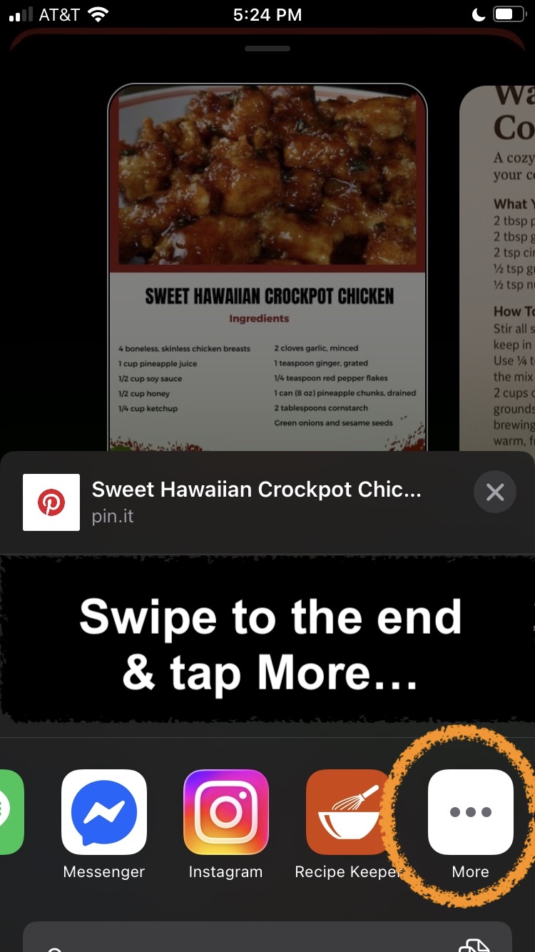 iOS share sheet — swipe the app row to the end and tap More