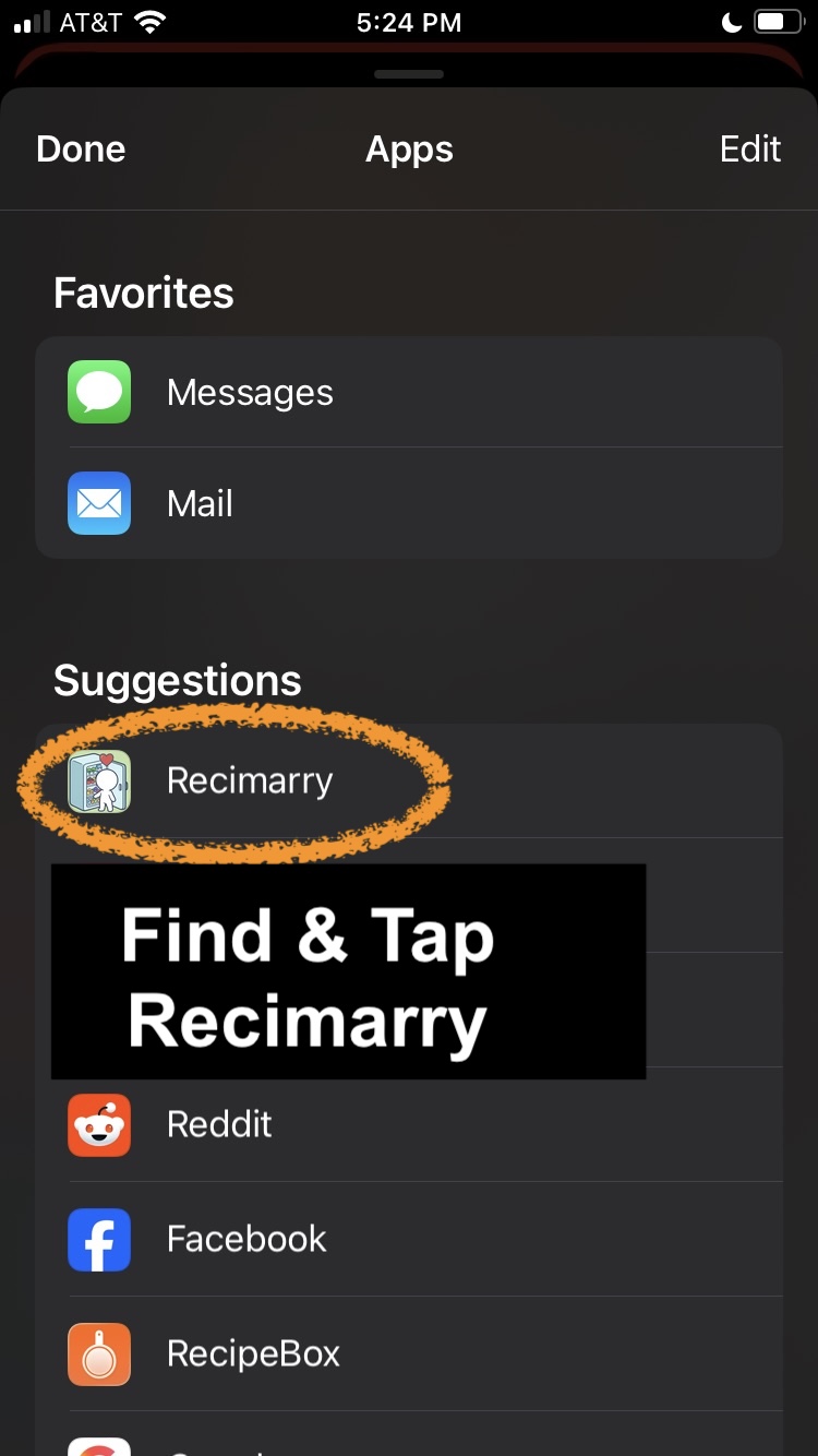 iOS Apps list with Recimarry circled under Suggestions