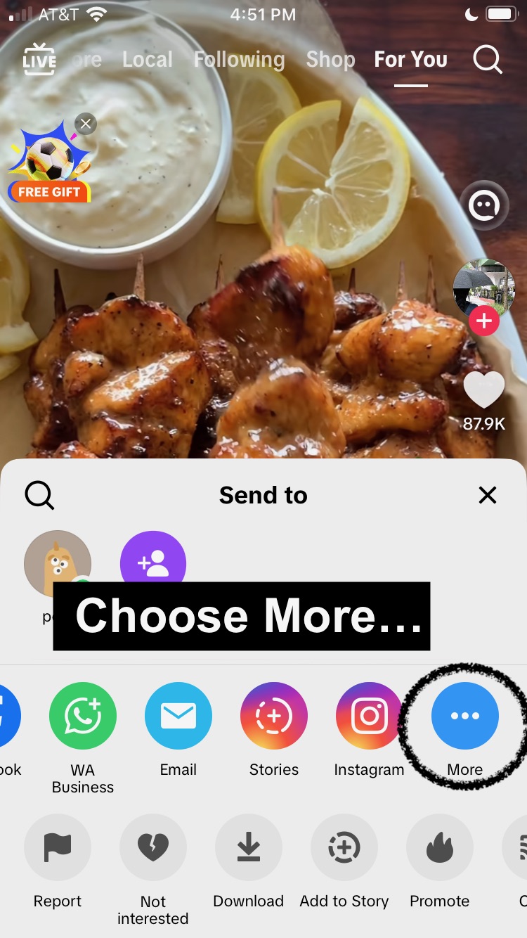 TikTok 'Send to' sheet with the More button circled